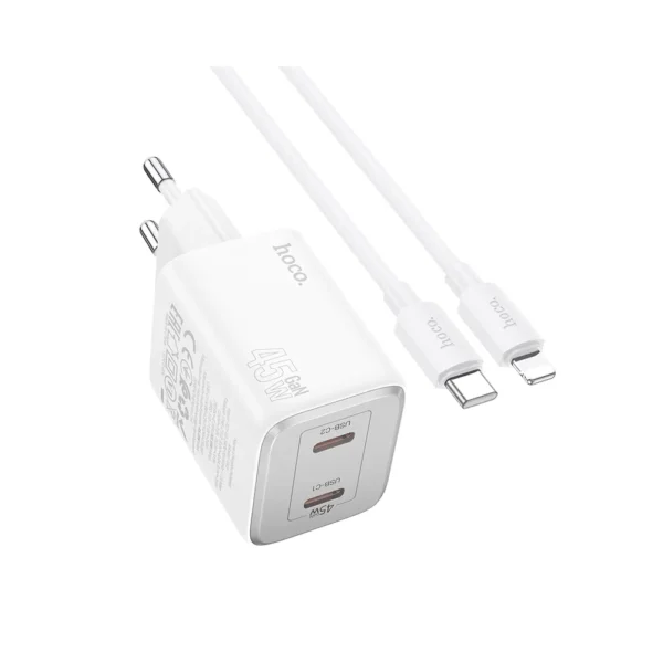007f7cefe42d14fff3b29f9f2ed5deee HOCO zidni punjač 2 x tip C + kabel tip C do Lightning PD QC 45W GaN N42 bijeli