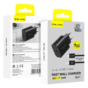 Blavec Zidni punjač BC-7 GaN4 - Tip C - PD QC 45W 3A s kabelom Type C na Type C - crni
