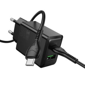 Hoco USB A + USB C QC3.0 PS AFC 3A 30W zidni punjač + USB C na USB C kabel N71 crni