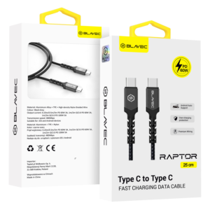 Blavec kabel Raptor pleteni - Tip C na Tip C - PD 60W 3A 25 cm Apple CarPlay/Android Auto